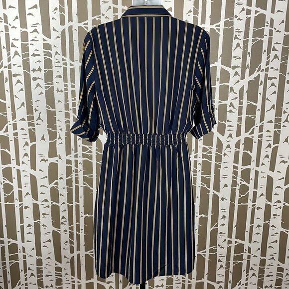 Millenium Navy Blue Mustard Yellow Striped Button Front Shirt Dress sz L - Picture 6 of 7